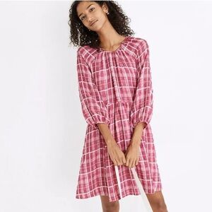 Madewell Plaid Shirred Babydoll Mini Dress lined MEDIUM NWOT pink flowy chic